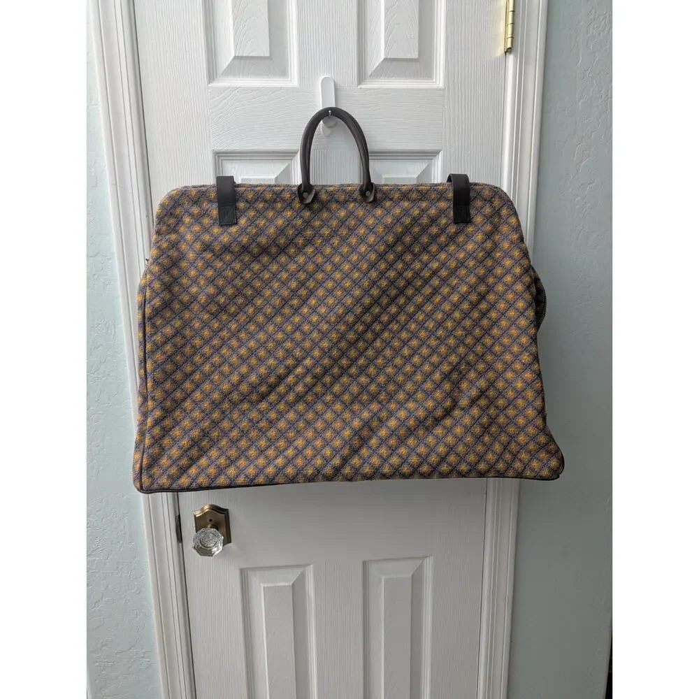 1970's Geometric Needlepoint Leather Duffle Suitcase Garment Large Suitcase